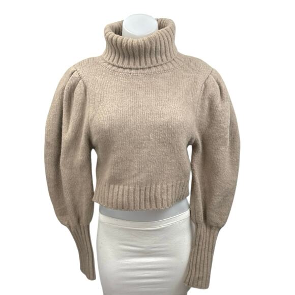 Zara Women's Brown Wool Turtleneck Oversized Puff Sleeve Knit Crop Sweater Top M - Picture 1 of 4